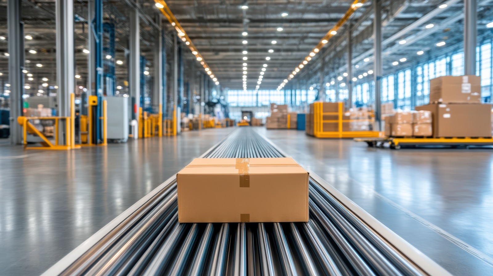 Secondary packaging automation equipment in a modern manufacturing facility